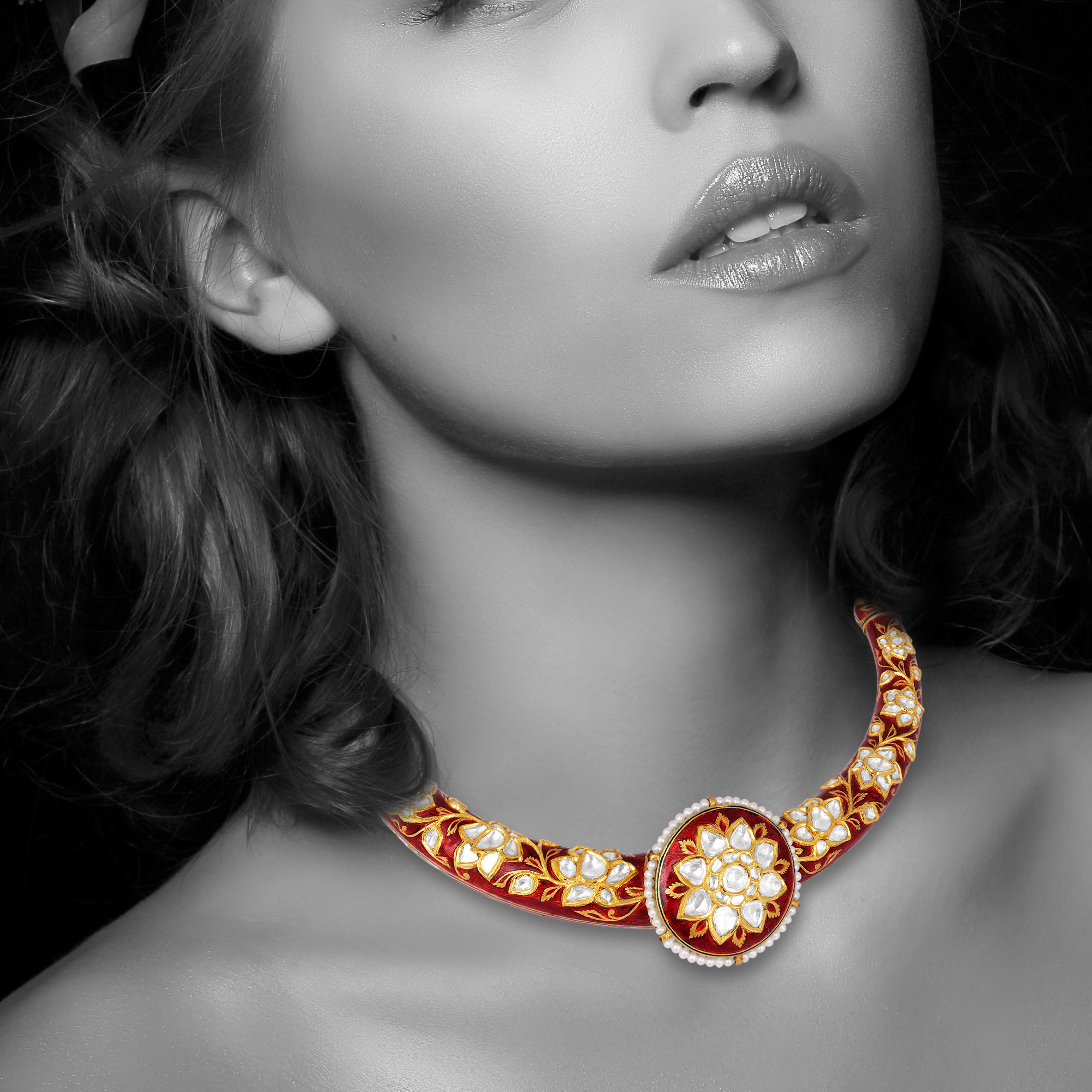 Hasli Necklace with Red Meena, Polki, and Central Floral Medallion